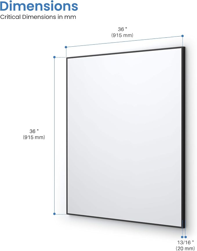 KIBI 36" x 36" Shatterproof Wall Mount Metal Frame Mirror – Horizontal or Vertical Hanging, Modern Rectangular Vanity Mirror for Bathroom, Entryway, or Living Room (Matte Black, FM1-3636MB) - Image 9