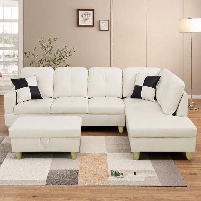 NicBex Modular L-Shaped Sectional Couches, 3-Piece Convertible Couch with Storage Ottoman, 4-Seat Comfy Sofa with Chaise for Living Room & Apartment, Cream White