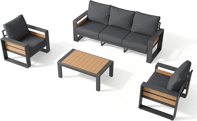 Aoxun Aluminum Patio Furniture Set, 5 Seats Luxury Outdoor Sectional with 6" Olefin Fabric Cushions, Patio Conversation Sets with Coffee Table Outdoor Sofas for Backyard, Deck, Dark Grey