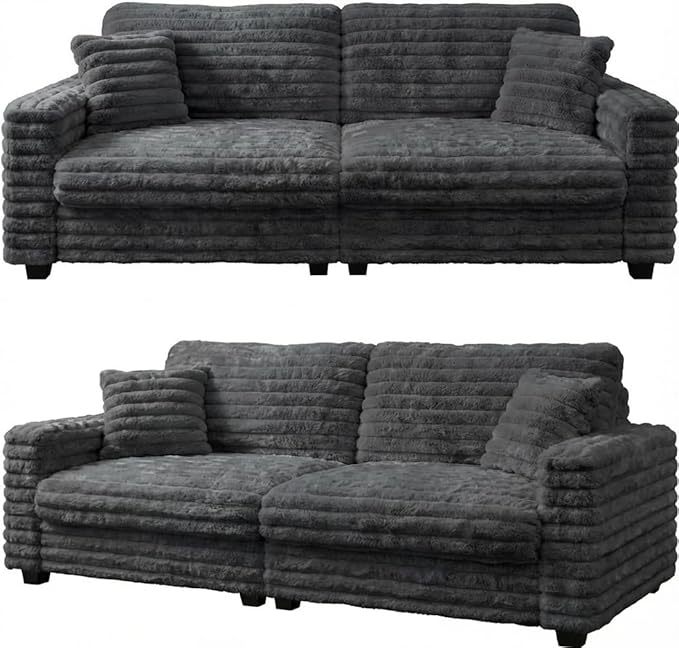 Plush Corduroy Loveseat Sofa, Fluffy Love Seat Sectional Couch, Oversized Deep Seat Sofa with 2 Pillows, Apartment and Small Space Sofas, Dark Grey
