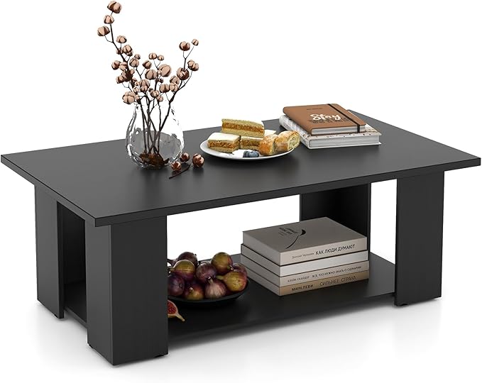 Giantex Rectangle Wood Center Table, 41 Inch 2-Tier Large Modern Tea Table w/Open Compartment, Easy Assembly, Accent Coffee Table for Living Room, Reception Room, Black