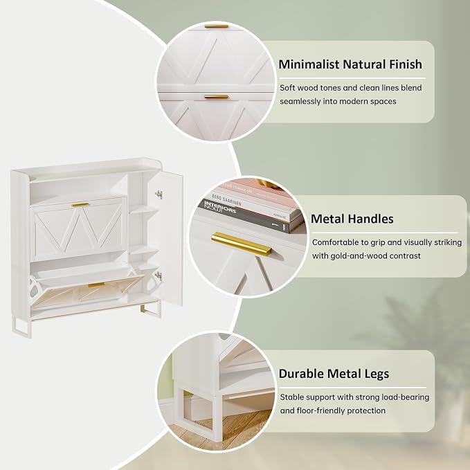 White Shoe Cabinet with 2 Flip Drawers Door, 43"W Hidden Shoe Organizer Cabinet Storage for Entryway, Closet, Boot, Adjustable Shelves, Narrow Shoe Rack Freestanding Cupboard, At Least 20 Pair - Image 9