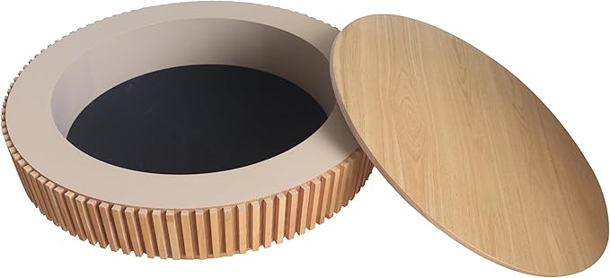 39.37'' Round Coffee Table with Storage, Solid Wood Veneered Modern Drum Coffee Table Accent Tea Table for Living Room, Bedroom, Apartment or Office-Natural