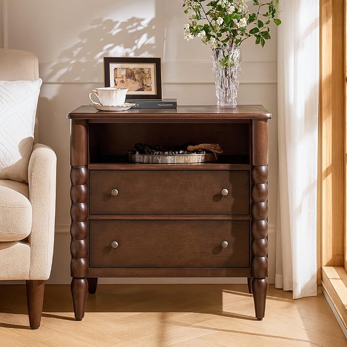 HULALA HOME Farmhouse Storage End Table with Spindle Columns, 2 Drawers and Open Shelf Side Table, Solid Wood Fluted Side Table with Charging Station, Walnut - Image 8