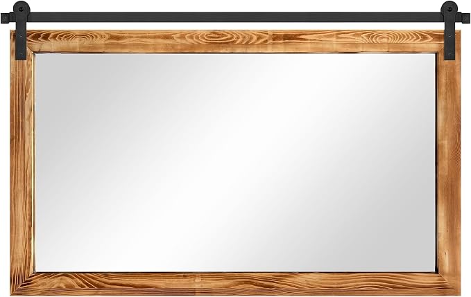 COGOOD Farmhouse Bathroom Mirror - 49 x 30 Rustic Wood Framed Wall Barn Door Mirror for Entryway, Living Room, Entryway Wall Decor (Brown) - Image 9
