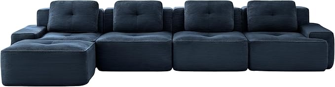 Casaphoria 150'' Corduroy Cloud Couch, 4-Seat L-Shaped Sectional Sofa with 4 Pillows & Ottoman for Living Room, Deep Seat Boneless Couch for Modern Apartment, No Assembly Required, Blue