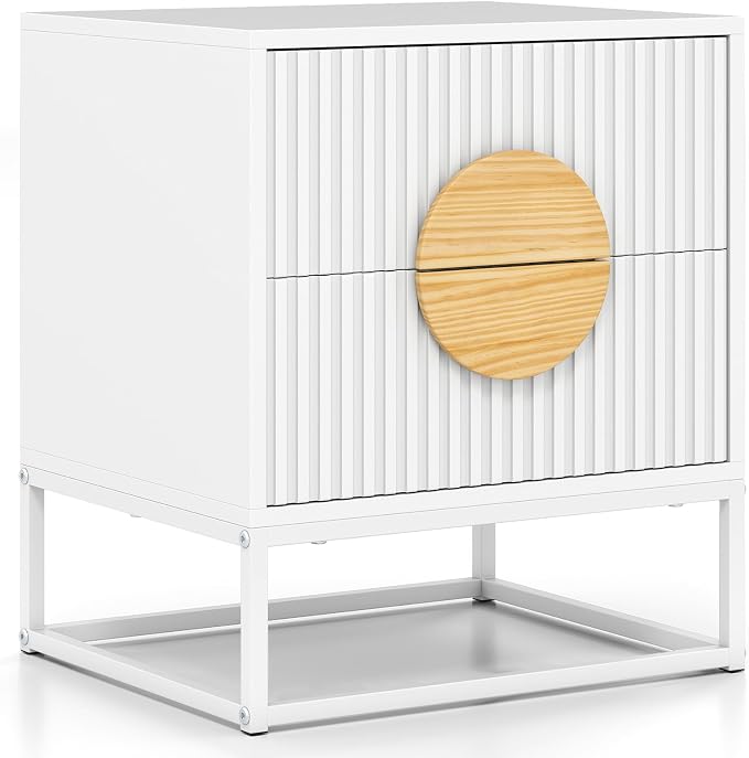 Giantex Fluted Nightstand with 2 Drawers, White Wood Bedside Table with Natural Circle Handle & Metal Frame, Minimalist Accent End Table, Modern Mid Century Night Stand for Bedroom - Image 9