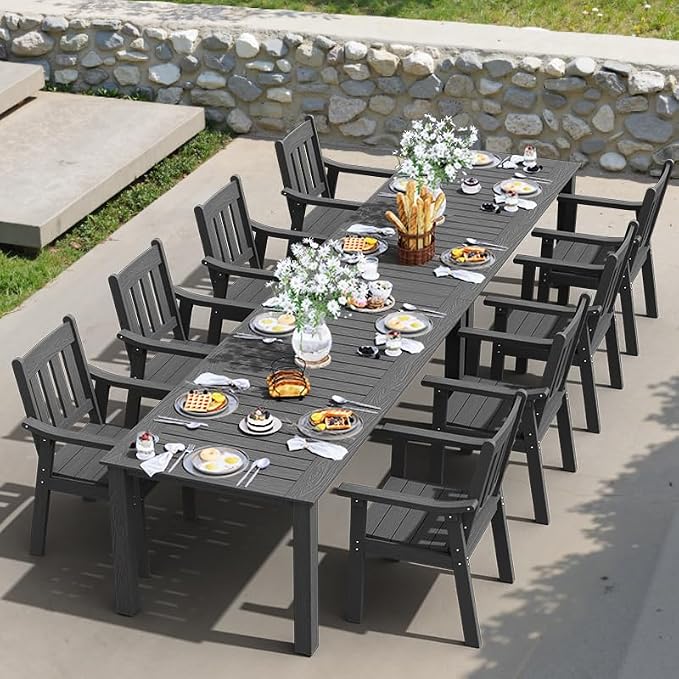YEFU HIPS Patio Table Set: 10 Piece Outdoor Table and Chairs Dining Furniture Set with Umbrella Hole - Gray Modern Plastic Dining Sets 8 Person for Outside Deck with Metal Aluminum Frame - Image 8