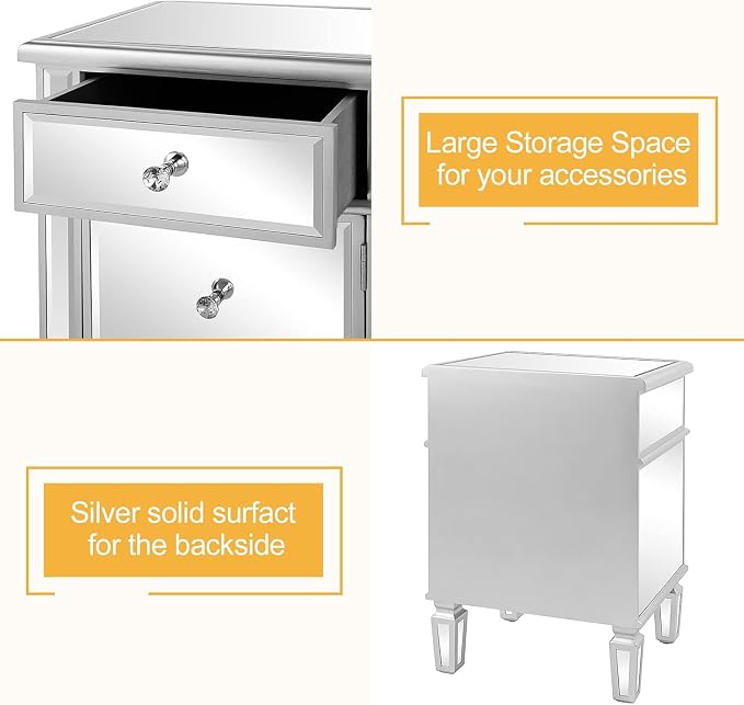 VINGLI Modern Nightstand Mirrored Bedside Table with 1 Drawer and 1 Cabinet Door for Bedroom, Silver - Image 9
