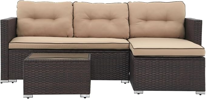 JOIVI Outdoor Patio Furniture Set, Wicker Patio Conversation Set with Tempered Glass Coffee Table, All-Weather Rattan Furniture Small Sectional Sofa Set, L-Shaped Outdoor Seating with Cushions, Brown