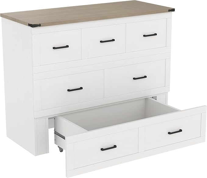 Bellemave Full Size Murphy Bed, Cabinet Bed with Charging Station and 1 Large Storage Drawer, Farmhouse Murphy Cabinet with Foldable Panel, Noisy Free, for Guest Bedroom, Living Room, White
