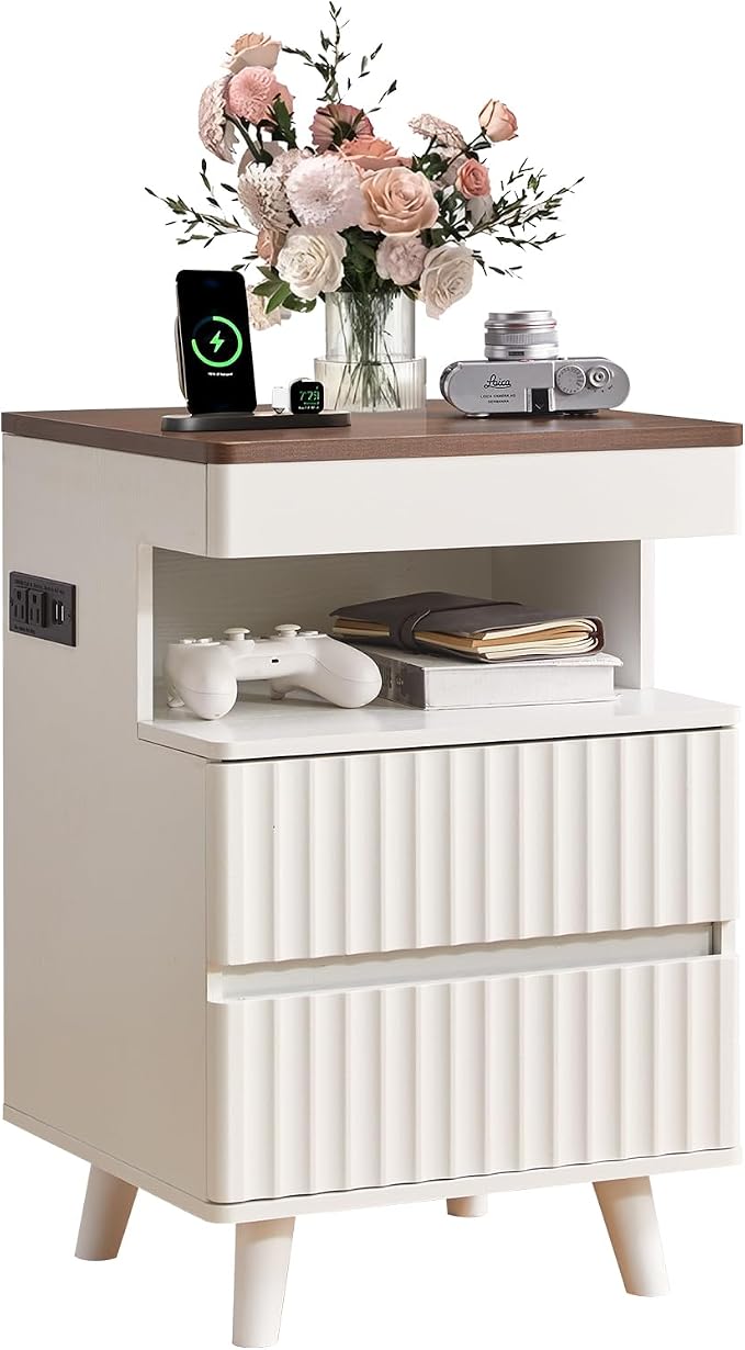 Eifizek Fluted Nightstand with LED Light & Charging Station, Modern Bed Side Table with 2 Storage Drawers & Open Shelf, Wooden End Table with Concealed Drawer for Bedroom, Living Room, White - Image 9