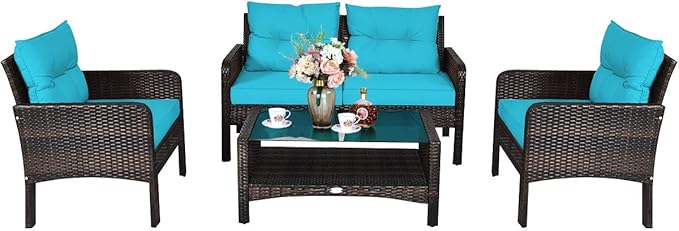 Tangkula 4 Piece Patio Furniture Set, Outdoor Wicker Conversation Set with Glass Top Coffee Table, All Weather Proof and Thick Cushions, Suitable for Porch, Garden, Poolside and Lawn (Turquoise)