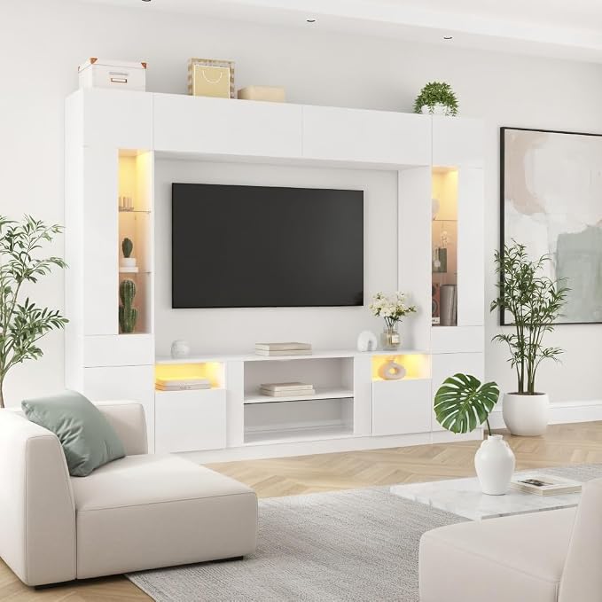 St.Mandyu 107" W Large Wall Unit TV Stand, Modern High Glossy Entertainment Center with Bookshelves and Storage, Media Console with LED Lights & Bridge Cabinet for TVs Up to 85", White - Image 9