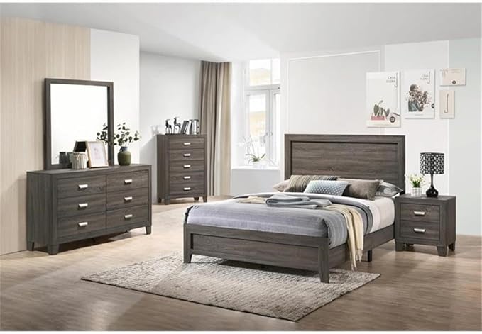 Best Quality Furniture Rustic Gray Wood 6pc Bedroom Set in Cali King with Chest and 2 Nightstands