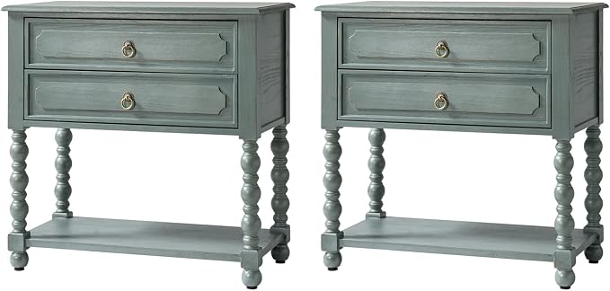 HULALA HOME Farmhouse Storage End Table Set of 2 with 2 Drawers and Open Shelf, Solid Wood Side Table with Spindle Legs, End Table with Charging Station (Blue) - Image 8