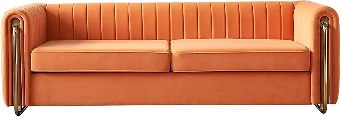 KEIKI 84" Velvet Deep Channel Tufted Sofa with Back Cushions and Rolled Arms, Modern Style 3-Seater Couch with Golden Polished Steel Legs, Easy Assembly, for Living Room, Bedroom, Office, Orange