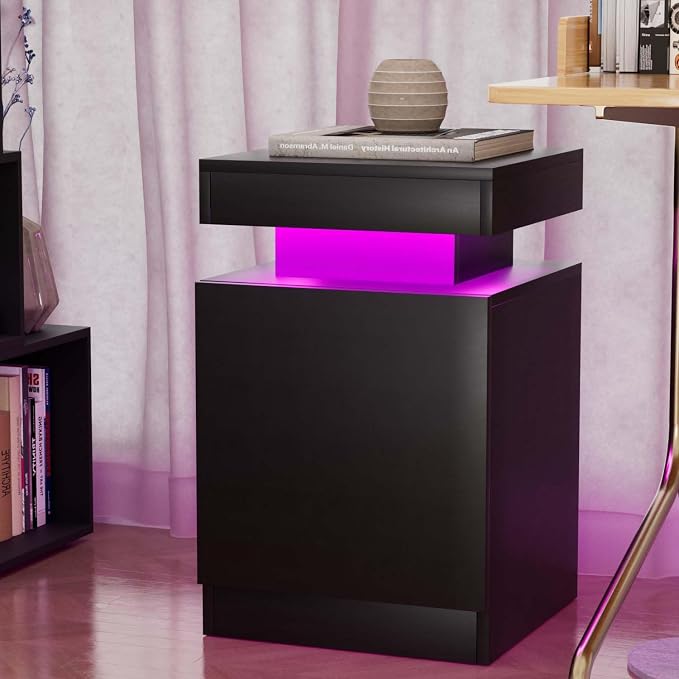 MXV Nightstand Set of 2 with LED Lights,Night Stand with Storage Cabinet for Bedroom,Bedside Table with LED (Black, 15IN) - Image 7