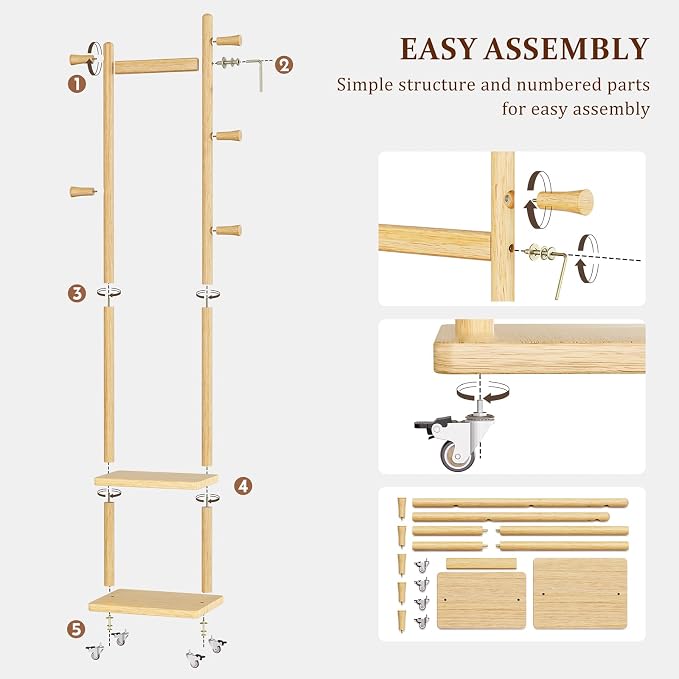 Solid Wood Coat Rack Freestanding Clothing Rack with Wheels & 2 Shelves Storage & 5 Hooks Heavy Duty Clothes Rack Wood Coat Tree Stand Hat Hanger Rack for Corner Bedroom Entryway Living Room Hotel - Image 8