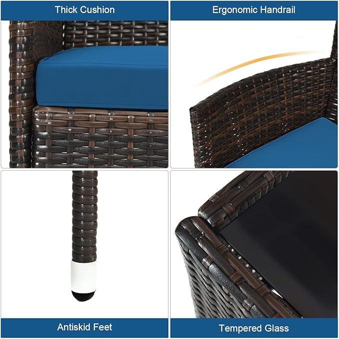 Tangkula 8 Pieces Patio Rattan Conversation Set with Tempered Glass Coffee Table & Thick Cushion, Wicker Set for Garden, Lawn, Poolside and Backyard