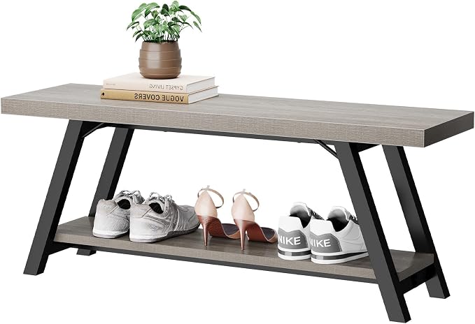 LVB Industrial Entryway Bench, Wood and Metal Storage Bench, Indoor Farmhouse Hallway Accent Entry Bench for Seating Sitting, Shoe Rack Organizer Cabinet in Foyer Bedroom, Light Grey Oak, 47 Inch Long - Image 9