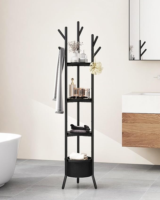 YMYNY Coat Rack, Freestanding Coat Stand with Storage Shelves, Hall Trees with 3 Wooden Shelves and 1 Fabric Basket, Metal Clothes Stand for Hats Bags Hallway Bedroom Black UHGR005B - Image 9