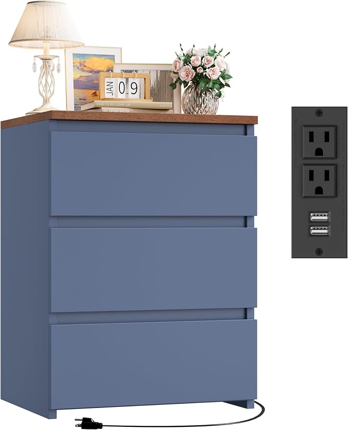 FOTOSOK Nightstand, 26" H Night Stand with Charging Station, Nightstand with USB Ports & Power Outlets, Silent Slides, Wooden End Side Table Bedside Table with 3 Drawers for Bedroom, Blue - Image 7