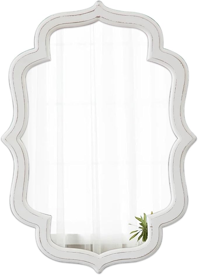 Vintage Oval Wall Mirror 22 X 30 Inch, Hanging Distressed White Scalloped Rustic Wood Wall Mirrors for Bathroom Bedroom Living Room, Farmhouse Entryway Mirror, Horizontal or Vertical - Image 8