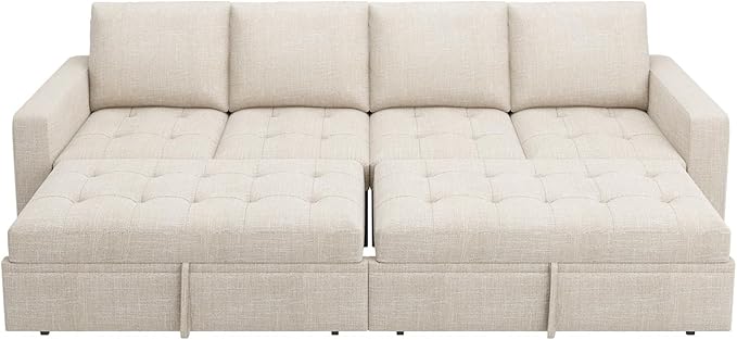 HONBAY Modular Sectional Sleeper Sofa with Pull Out Bed, Linen Convertible Sectional Couches for Living Room,Beige