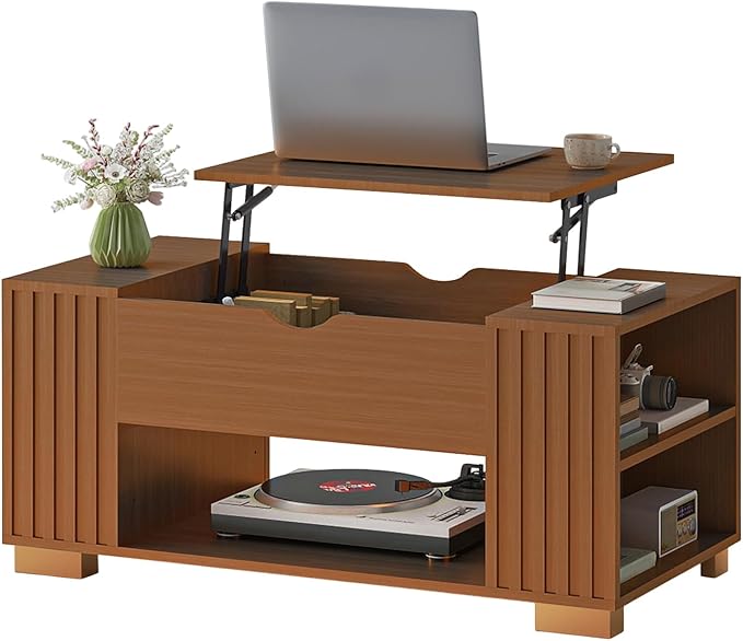 COMHOMA Lift Top Coffee Table for Living Room, 39" Center Table with Hidden Storage Compartment, Adjustable Wooden Tea Table for Small Spaces, Dark Brown