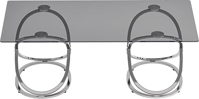 47" Rectangle Coffee Table with Tempered Glass Tabletop, Modern Chrome Ring Base, Gray, Luxury Living Room Center Table