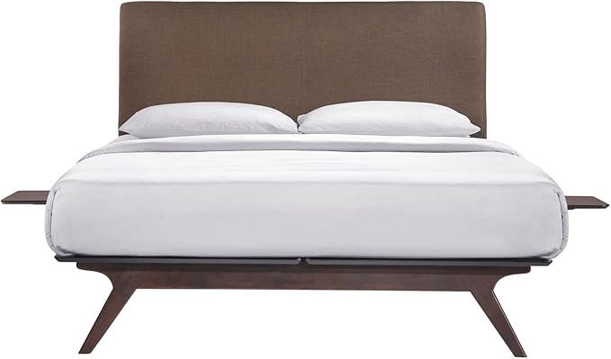 Modway Tracy Mid-Century Modern Wood Platform Queen Bed with Two Nightstands in Cappuccino Brown