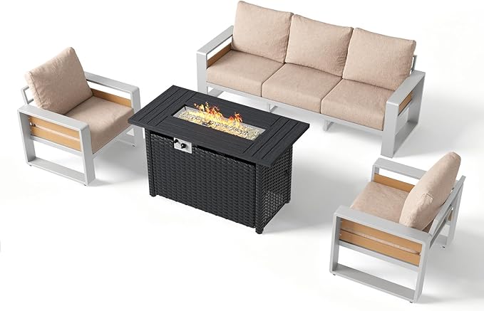 Aoxun Aluminum Patio Furniture Set with Fire Pit Table, 5 Seats Luxury Outdoor Sectional with 6" Olefin Fabric Cushions, Patio Conversation Sets with Coffee Table for Backyard, Deck Beige