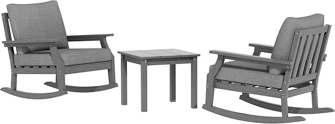 HDPE Patio Conversation Set, 3-Piece All Weather Outdoor Furniture Set with 2 Rocking Sofas for Deck, Lawn, with Cushion, Gray