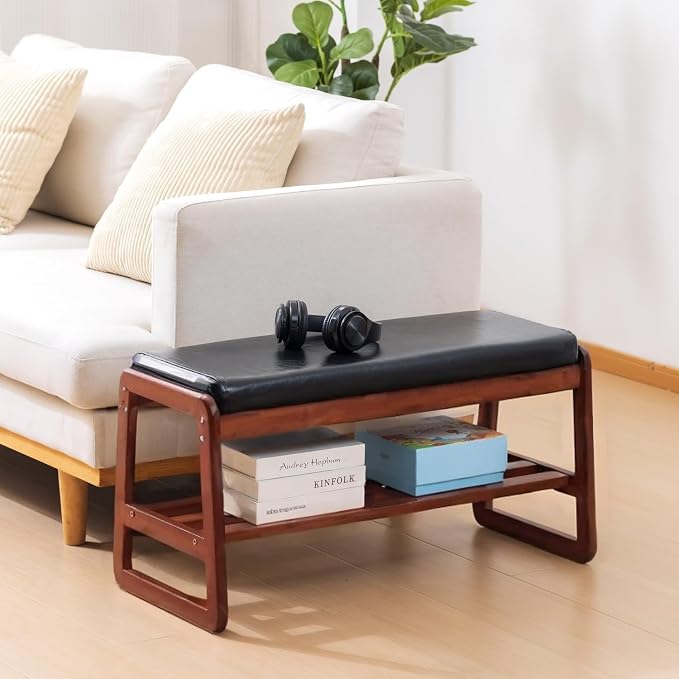 Solid Wood Shoe Bench, 2-Tier Wooden Entryway Bench, Modern Shoe Rack with Faux Leather Cushion for Hallway, Living Room (Black, 31.5'') - Image 6