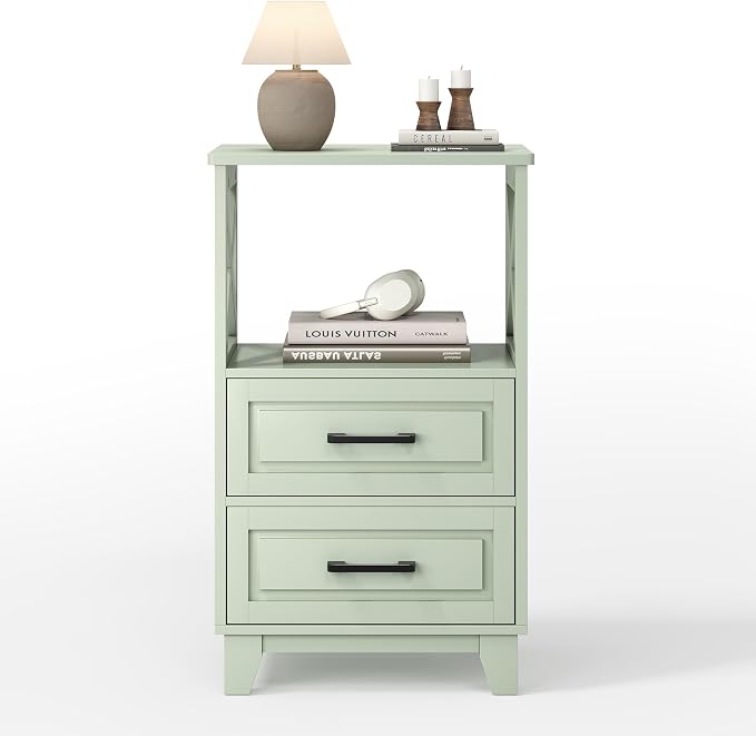 May in Color White Nightstand, Tall Bedside Table, Farmhouse Side Table with Storage Drawers and Open Shelf, Wooden Rustic End Table Cabinet for Bedroom, Home Office, Green - Image 7