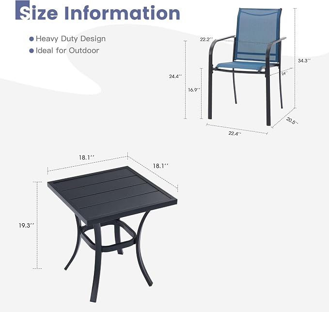 VICLLAX Outdoor Set for 2, Small Patio Table and Chairs Set of Stackable Patio Sling Chairs and Square Dining Table for Front Porch, Blue Fabric and Black Table - Image 6