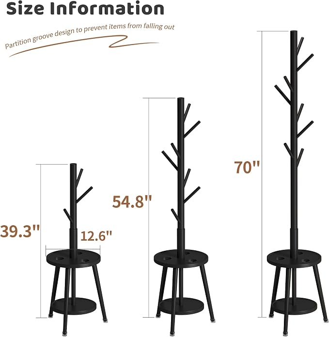 FILWH Freestanding Coat Rack with Umbrella Organizer Tray Bamboo Coat Tree Rack with 8 Hook Stand for Clothes Bag Hats Entryway Hanger Stand(Black) - Image 7