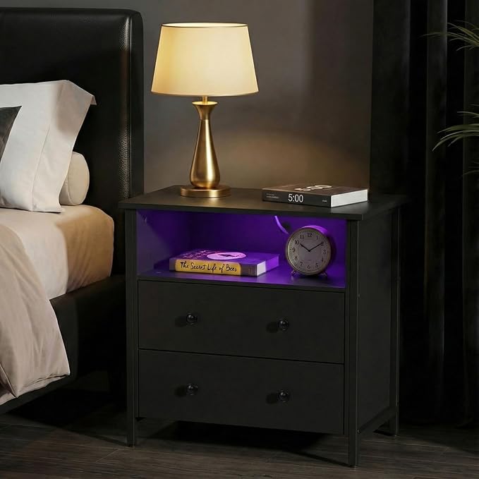 27 Inch Wide Night Stand, Large Wood Night Stand with 2 Drawer, LED Nightstand with Charging Station and Adjustable Drawer, Bedside Table for Living Room/Bedroom/Study/Office, Black. - Image 8