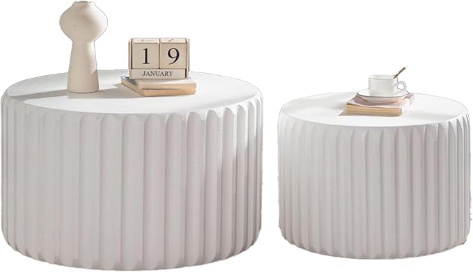 kevinplus 46.46'' White Round Coffee Table Set of 2, Modern Circle Fluted Drum Nesting Elegnant Coffee Table for Living Room, No Assembly, White