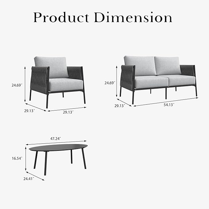 LayinSun 4 Piece Outdoor Furniture Set with Coffee Table, Modern Rope Woven Patio Conversation Sofa Set with Olefin Braid and Deep Seating