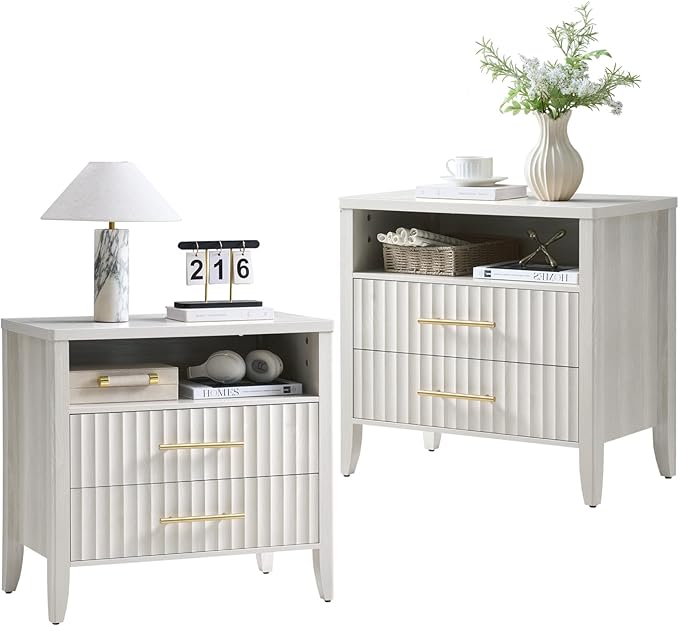 Fluted Nightstand with 2 Drawers, 27" Modern Nightstands Set of 2 with Storage Shelf, Large Queen Size Bedside Table and End Table for Bedroom, Office (Beige, 2 Pieces) - Image 8
