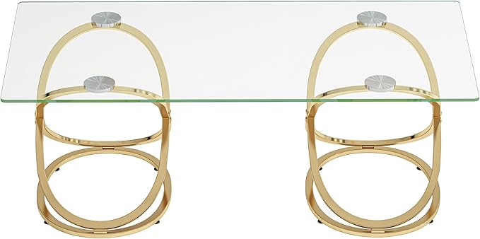 47" Rectangle Coffee Table with Tempered Glass Tabletop, Modern Gold Ring Base, Luxury Living Room Center Table