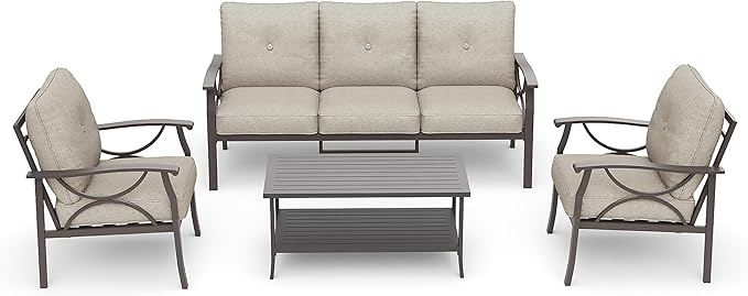 RoyalCraft Outdoor Patio Furniture Set, 4 Piece Patio Conversation Set with Coffee Table, Metal Furniture Set for Porch Backyard Garden, Coffee