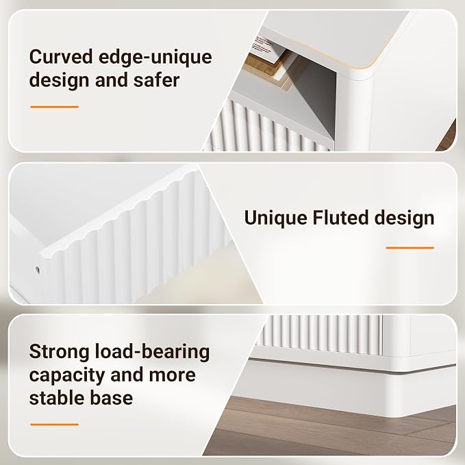 ELYKEN White Fluted Nightstand Set of 2, 24" Wide Night Stand with Charging Station & LED Light, Wooden Bedside Table with 2 Drawer & USB for Bedroom Living Room - Image 9