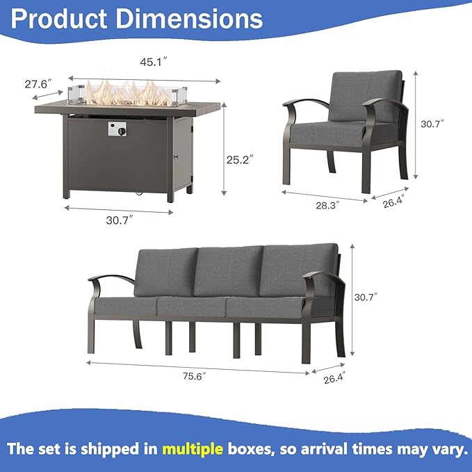 Aluminum Outdoor Patio Furniture Set,5 Pieces 8 Seats Patio Conversation Sets with 45" Propane Fire Pit Table,Metal Patio Sectional Furniture Set w/5.1" Cushions for Porch,Deck,Backyard,Grey