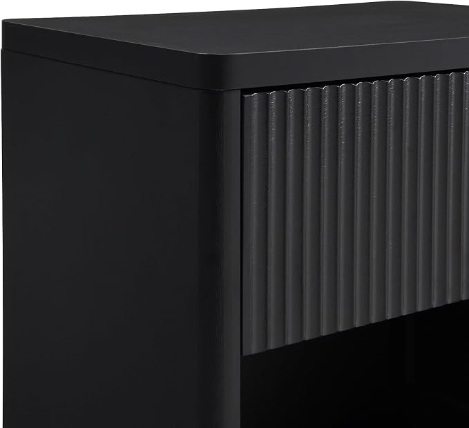 XIAO WEI Set of 2 Black Fluted Nightstands with Hidden Drawer, 22.8" Wide Mid Century Modern Bedside Table with Open Shelf, Large Accent End Table, Curved Profile Design - Image 9