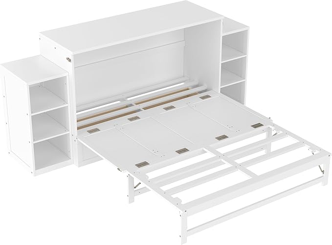 Bellemave Queen Size Murphy Bed, Cabinet Bed with 2 Shelves and Storage Drawers, Farmhouse Murphy Cabinet, Noisy Free, for Guest Bedroom, Living Room, Office, White