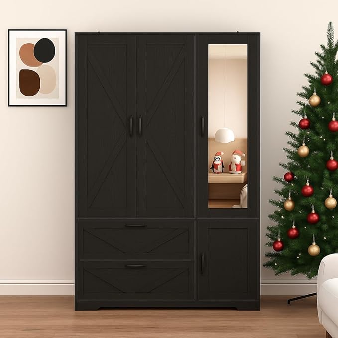 Black 3 Door Wardrobe Closet with Mirror, Bedroom Armoire Wardrobe Closet with Lights, 2 Drawers, Hanging Rod and Cabinet, Large Clothes Storage Organizer, 47.2 x 19.68 x 71.65 in