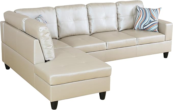 L Shaped Sectional Sofa with Ottoman,Leather Right Facing Modern Couches with Cup Holder for Living Room, Bedroom, Office, Glistening White